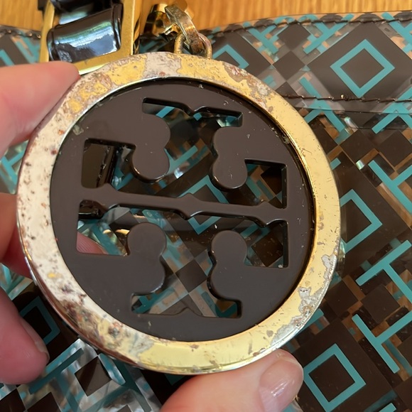 Tory Burch logo clear plastic handle tote bag with attached zip wallet pouch GUC - Picture 3 of 13